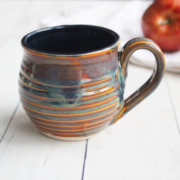 Image of Reserved for Jay - Rustic Blue Green and Golden Brown Pottery Mug, 15 oz. Handmade in USA (C)