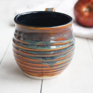 Image of Rustic Blue Green and Golden Brown Pottery Mug, 15 oz. Handmade in USA (C)
