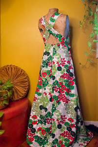 Image 4 of Vintage maxi dress Red and green floral cross back S/M