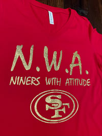 Image 2 of WOMEN'S N.W.A. RED V-NECK SHIRT, SHINY GLITTER GOLD LETTERS 