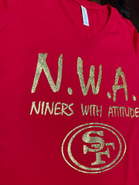 Image 3 of WOMEN'S N.W.A. RED V-NECK SHIRT, SHINY GLITTER GOLD LETTERS 