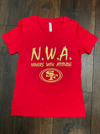 Image 1 of WOMEN'S N.W.A. RED V-NECK SHIRT, SHINY GLITTER GOLD LETTERS 