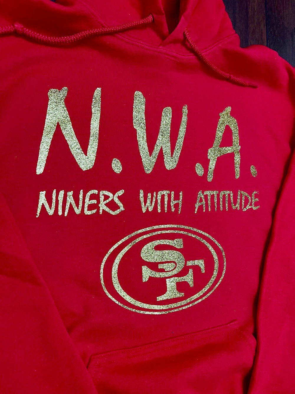 N.W.A. RED HOODIE, GLITTER GOLD LETTERS