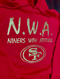 Image 2 of N.W.A. RED HOODIE, GLITTER GOLD LETTERS