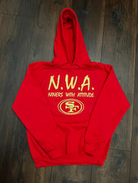 Image 1 of N.W.A. RED HOODIE, GLITTER GOLD LETTERS