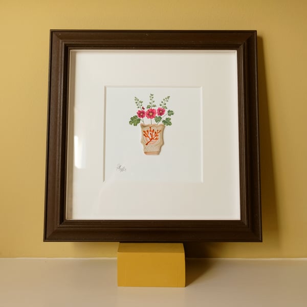 Image of Original Painting - Miniature Romantic Vase Coral with Hollyhocks