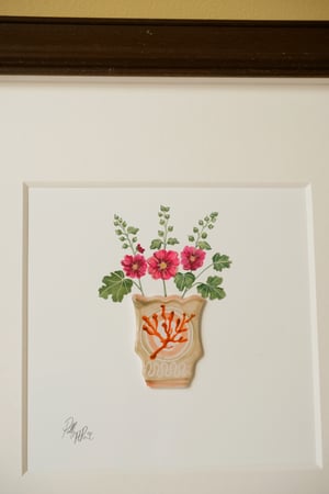 Image of Original Painting - Miniature Romantic Vase Coral with Hollyhocks