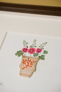Image 3 of Original Painting - Miniature Romantic Vase Coral with Hollyhocks