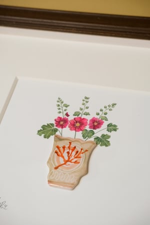 Image of Original Painting - Miniature Romantic Vase Coral with Hollyhocks