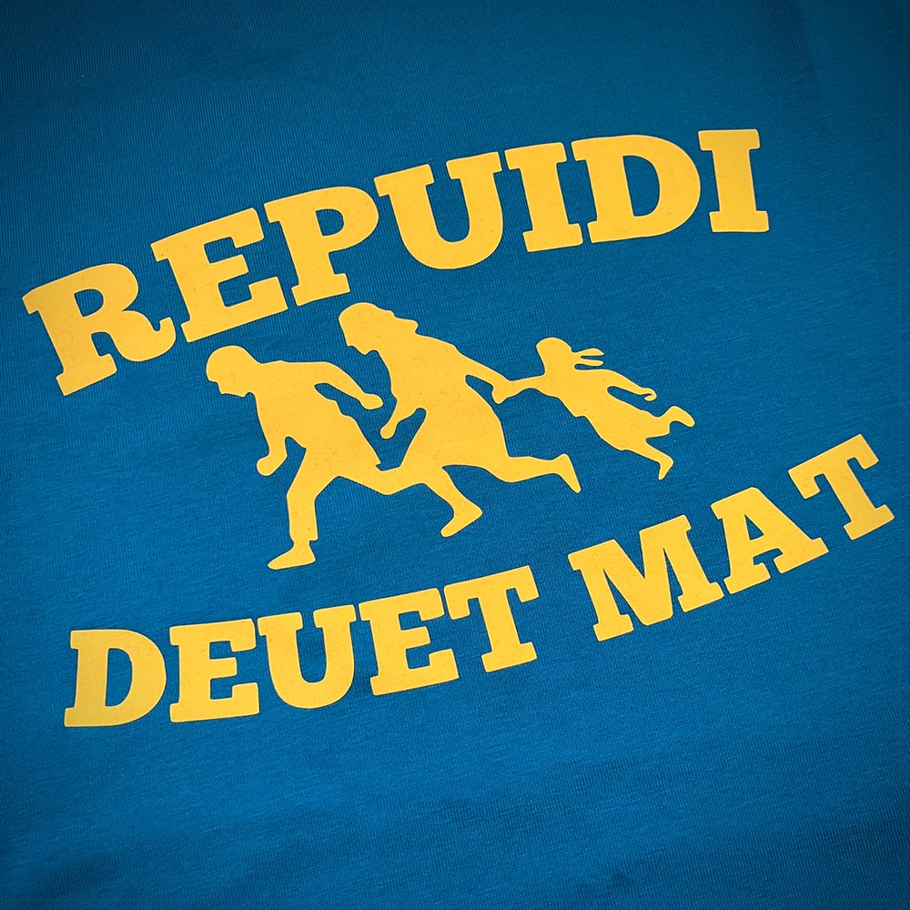 Image of T-shirt mixte bleu clair "Repuidi deuet mat" (= Refugees Welcome) — Bio & Équitable