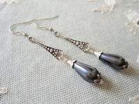 Image 3 of 1920s Art Deco Pearl Teardrop Earrings, Dark Grey