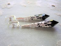 Image 1 of Vamp Ornate Pointed Earrings, Black & Silver, Pierced or Clip On 