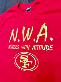 Image 2 of N.W.A. RED T-SHIRT, METALLIC GOLD LETTERS