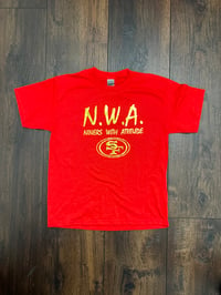 Image 1 of N.W.A. RED T-SHIRT, METALLIC GOLD LETTERS