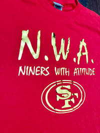 Image 3 of N.W.A. RED T-SHIRT, METALLIC GOLD LETTERS