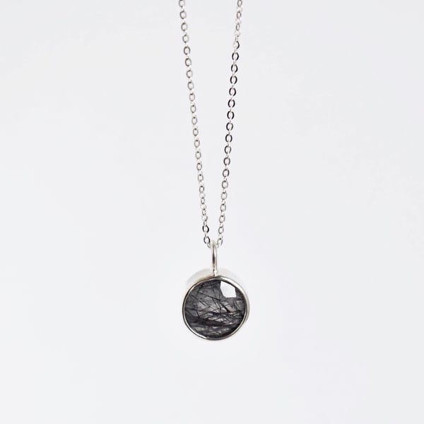Image of Black Rutilated Quartz (Black Tourmalined Quartz) round cut silver necklace