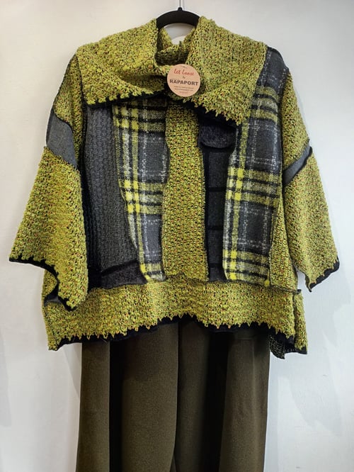 Image of plaid, grey and lime green swearter