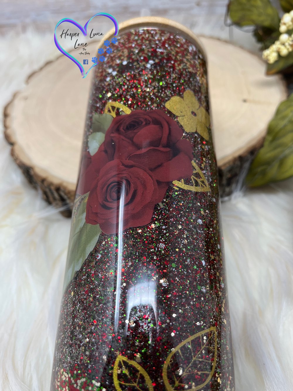 Image of 25oz  Red/Gold Roses Glass Tumbler