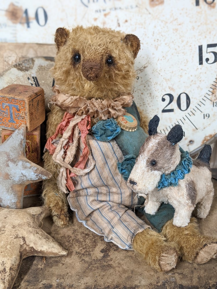 Image of SET:  BIGGY 12.5" CHIRP the Mohair Teddy Bear & his Fripon Fox Terrier -  by Whendis Bears.