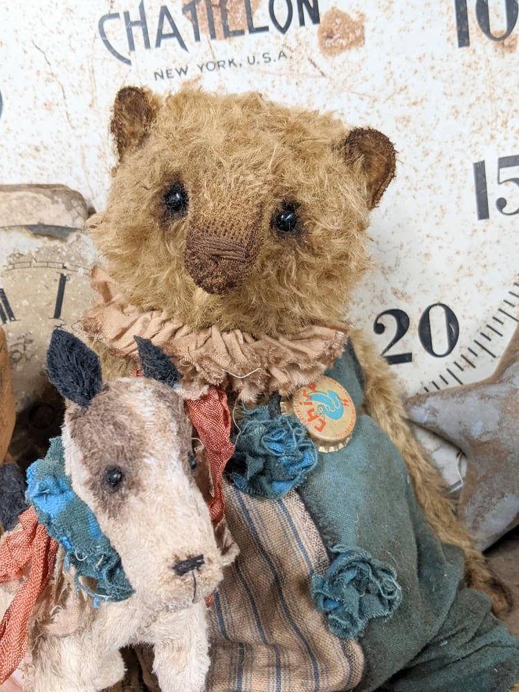 Image of SET:  BIGGY 12.5" CHIRP the Mohair Teddy Bear & his Fripon Fox Terrier -  by Whendis Bears.