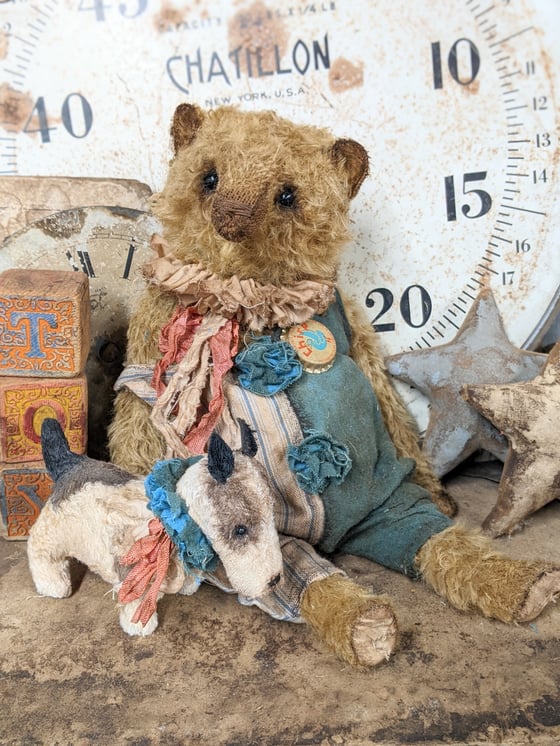 Image of SET:  BIGGY 12.5" CHIRP the Mohair Teddy Bear & his Fripon Fox Terrier -  by Whendis Bears.