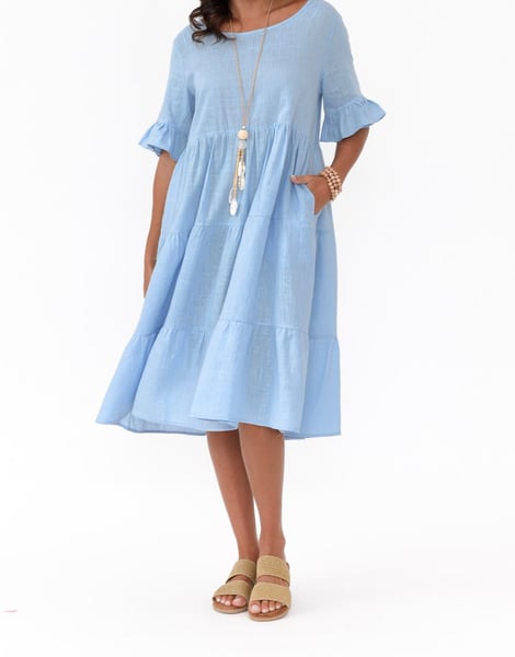 Image of Kate Linen Cotton Tiered Dress - Ice Blue