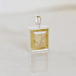 Image of Big Golden Rutilated Quartz rectangle cut silver necklace