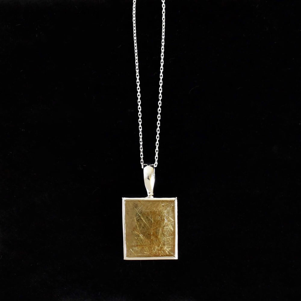 Image of Big Golden Rutilated Quartz rectangle cut silver necklace