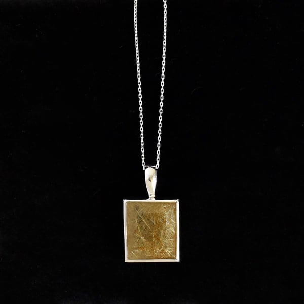 Image of Big Golden Rutilated Quartz rectangle cut silver necklace