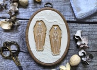 Image 1 of Double Skeleton in Beaded Coffins 4x5½" Embroidery Hoop White & Gold
