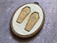 Image 4 of Double Skeleton in Beaded Coffins 4x5½" Embroidery Hoop White & Gold