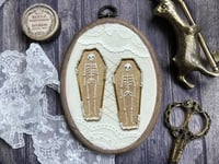 Image 5 of Double Skeleton in Beaded Coffins 4x5½" Embroidery Hoop White & Gold