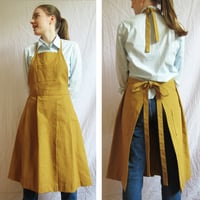 Image 2 of Pleated Split Leg Potters Apron with 3 Pockets, Ochre Cotton Canvas Makers Apron  No14:2