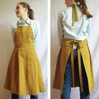 Image 2 of Pleated Split Leg Apron with 3 Pockets for Artists & Potters. Mustard Ochre Yellow Canvas. No14:2