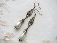Image 6 of 1910s Edwardian Pearl Teardrop Bronze Earrings, Pierced or Clip On 