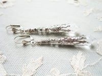 Image 1 of Vamp Ornate Pointed Earrings, Clear & Antique Silver, Pierced or Clip On 