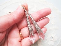 Image 2 of Vamp Ornate Pointed Earrings, Clear & Antique Silver, Pierced or Clip On 