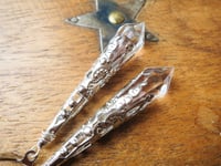 Image 3 of Vamp Ornate Pointed Earrings, Clear & Antique Silver, Pierced or Clip On 