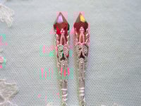 Image 4 of Vamp Ornate Pointed Earrings, Red & Silver, Pierced or Clip On