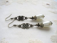 Image 3 of 1910s Edwardian Pearl Teardrop Bronze Earrings, Pierced or Clip On 