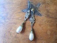 Image 5 of 1910s Edwardian Pearl Teardrop Bronze Earrings, Pierced or Clip On 