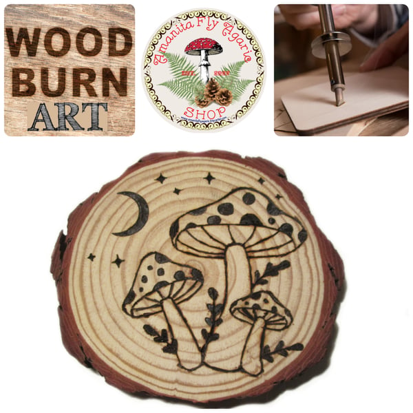 Image of 🍄 Amanita Magnet - Wood Burning Art - Cottagecore - Natural 5" Inches
