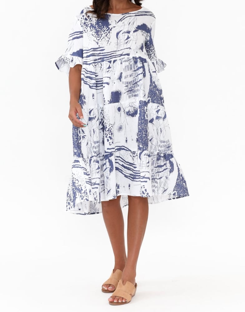 Image of Polly Crinkle Cotton Dress - White/Navy