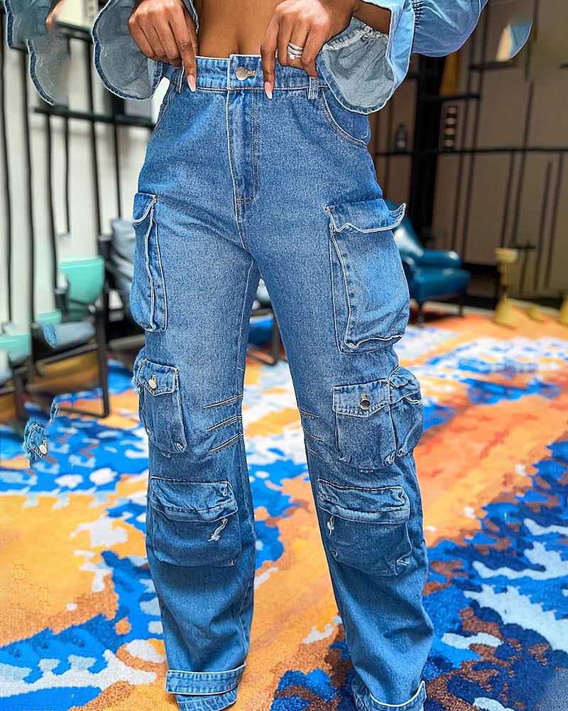 Image of Denim High Rise Cargo Pants