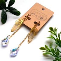 Image 2 of Cicada Wing & AB Crystal Golden Drop Earrings