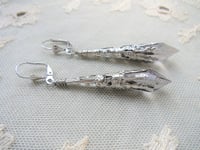 Image 1 of Vamp Ornate Pointed Earrings, Grey & Antique Silver, Pierced or Clip On 
