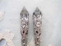 Image 4 of Vamp Ornate Pointed Earrings, Grey & Antique Silver, Pierced or Clip On 