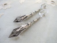 Image 5 of Vamp Ornate Pointed Earrings, Grey & Antique Silver, Pierced or Clip On 
