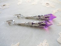 Image 1 of Vamp Ornate Pointed Earrings, Purple & Antique Silver, Pierced or Clip On 