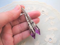 Image 2 of Vamp Ornate Pointed Earrings, Purple & Antique Silver, Pierced or Clip On 
